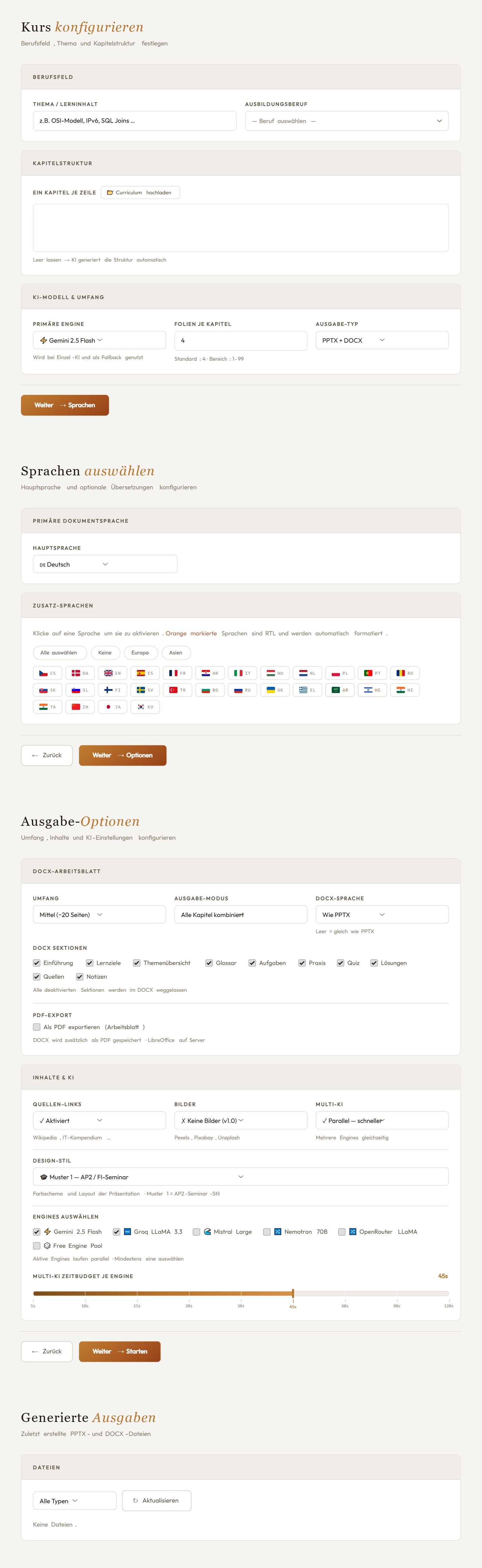 EduAssets — Kurs-Setup, Sprachen, Optionen, Ausgaben