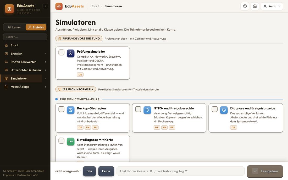 Übersicht der Simulatoren mit Freigabe